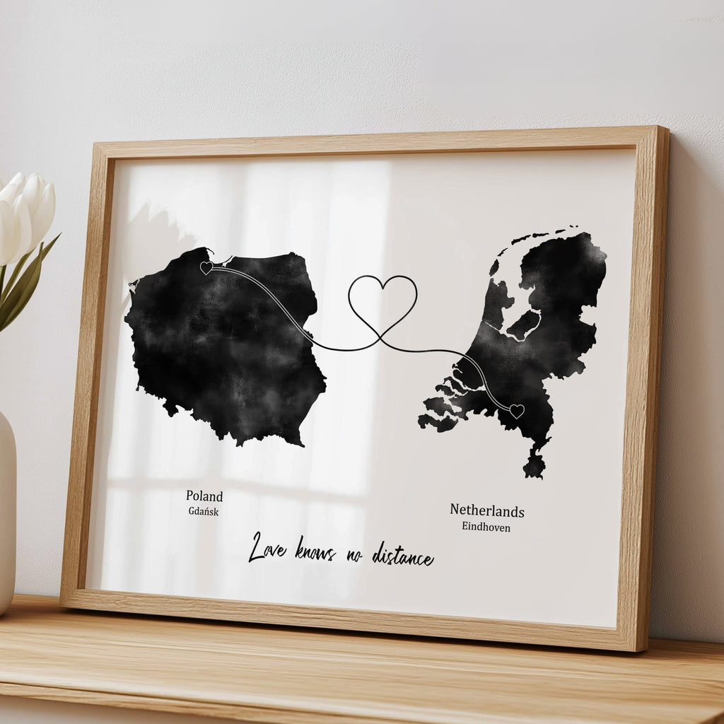 Personalised Travel Map Print – Any Two Locations – Heart Link Design