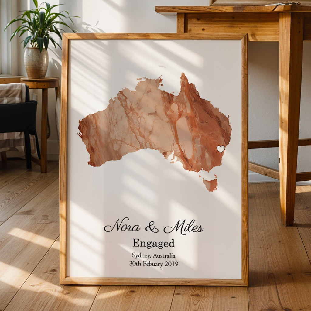 Personalized Engagement Light Marble Effect Map Print - Any Country