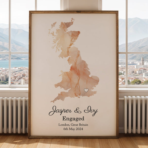 Personalized Engagement Light Marble Effect Map Print - Any Country