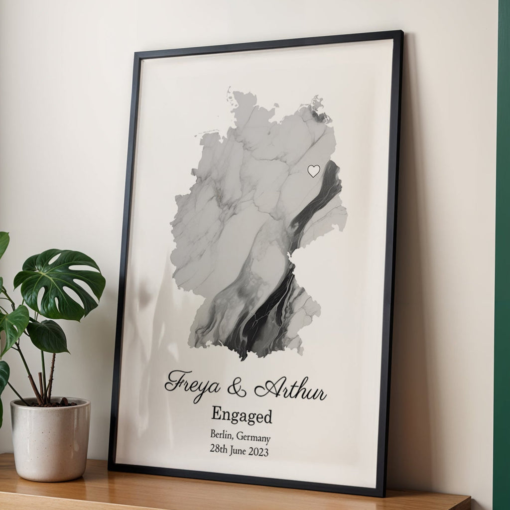Personalized Engagement Light Marble Effect Map Print - Any Country