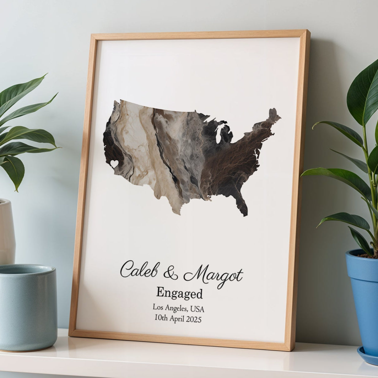 Personalized Engagement Dark Marble Effect Map Print - Any Country