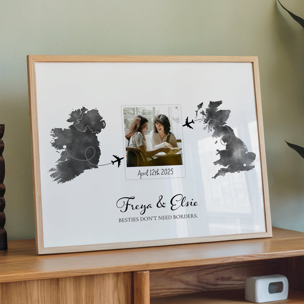 Personalised Polaroid Photo Travel Map Print – Any Two Locations – Perfect Anniversary or Wedding Gift