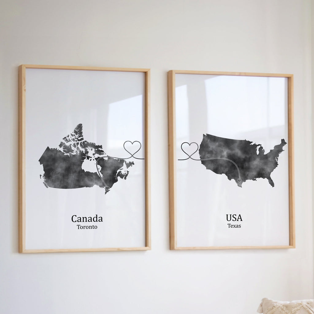 Personalized Country Travel Art Prints – Set of Two Posters – Heart Link Design