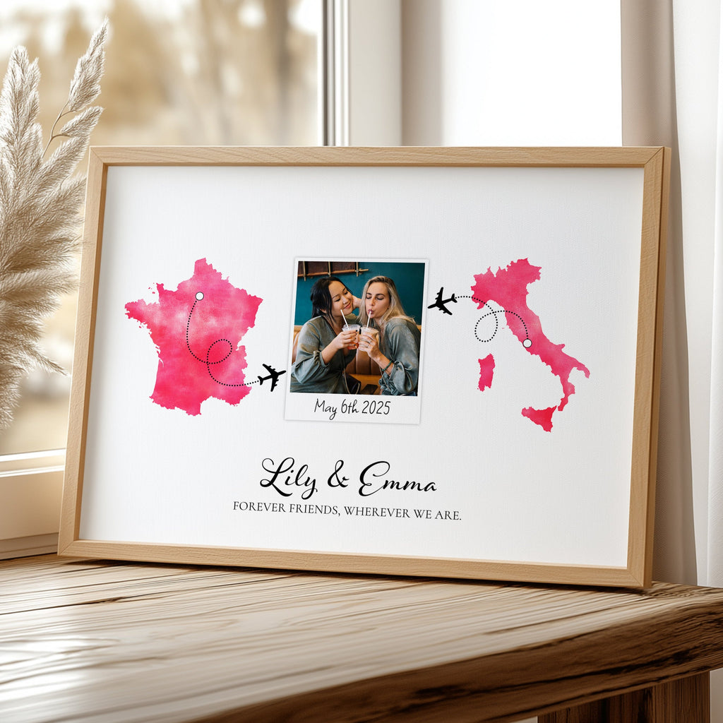 Personalised Polaroid Photo Travel Map Print – Any Two Locations – Perfect Gift for Friends Abroad