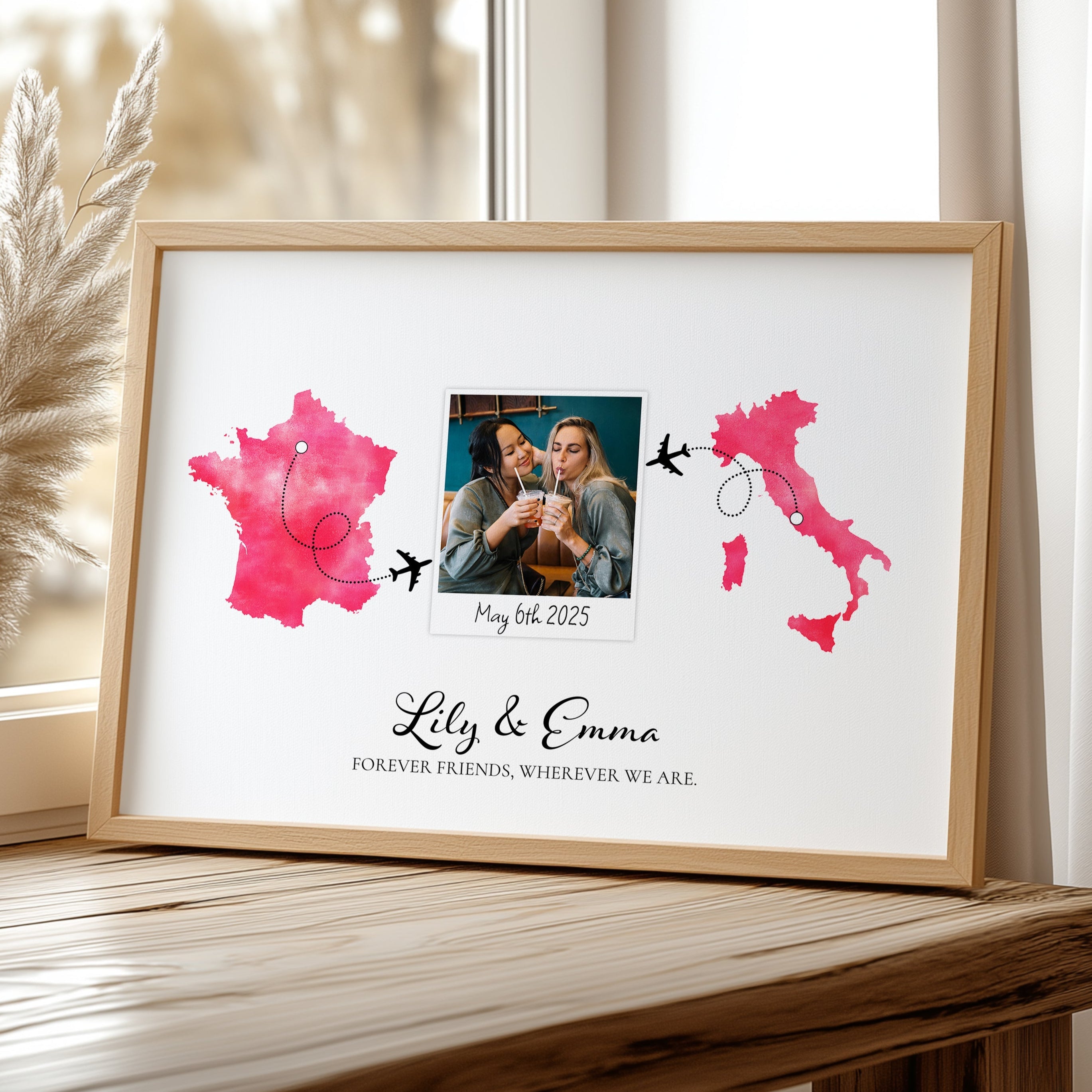 Personalised Polaroid Photo Travel Map Print – Any Two Locations – Perfect Gift for Friends Abroad