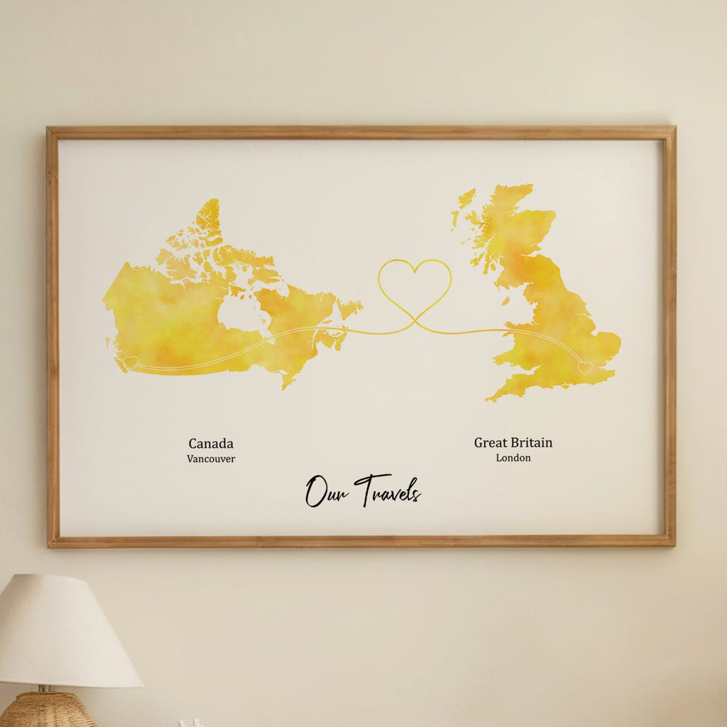 Personalised Travel Map Print – Any Two Locations – Heart Link Design