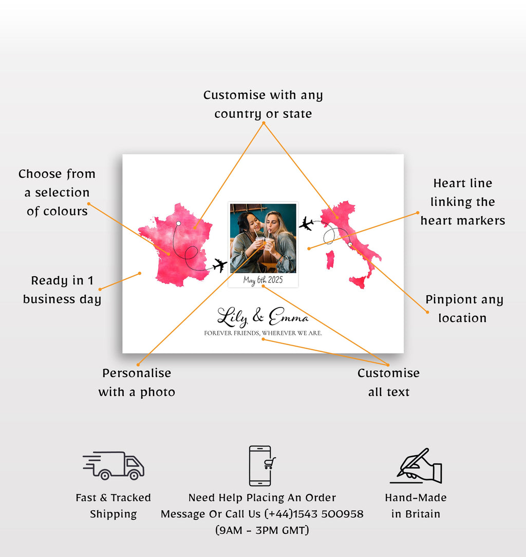 Personalised Polaroid Photo Travel Map Print – Any Two Locations – Perfect Anniversary or Wedding Gift