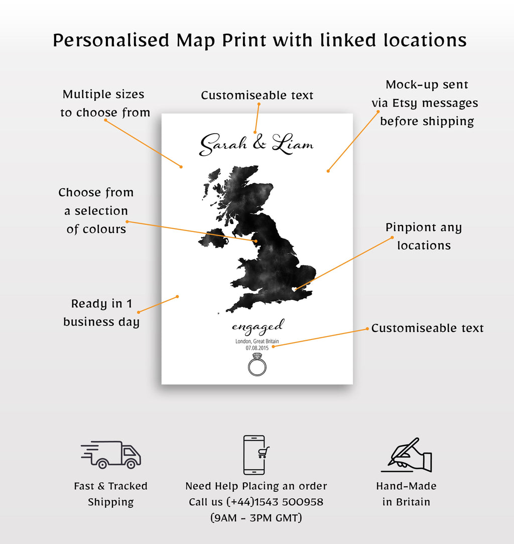 Personalized Engagement Map Print - Any Country - Poster - Available In 8 Different Colours