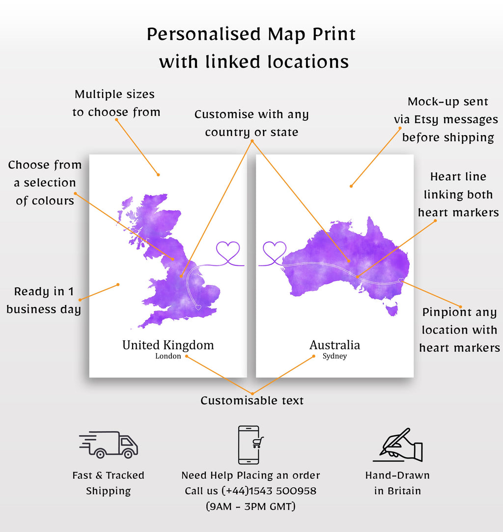 Personalized Country Travel Art Prints – Set of Two Posters – Heart Link Design