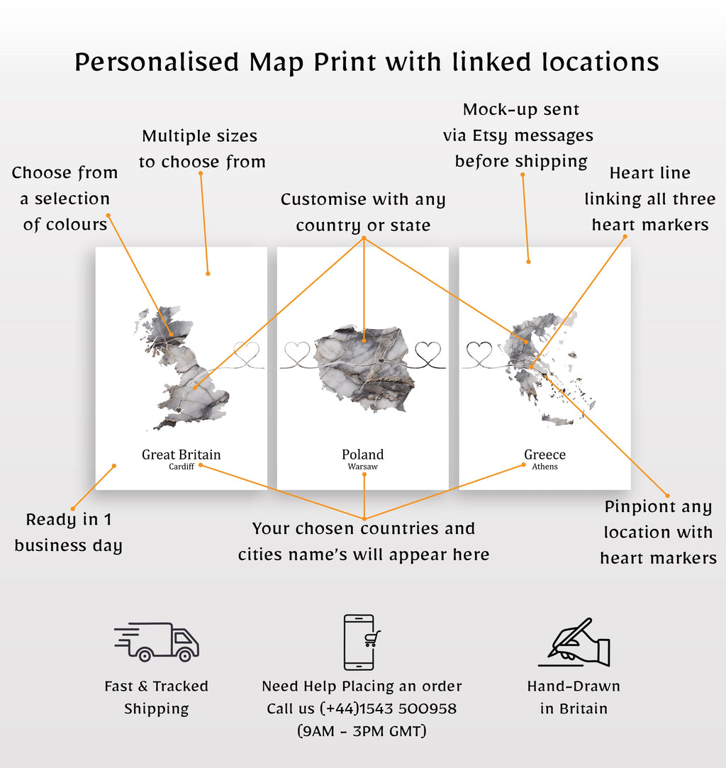 Personalised Dark Marble Effect Three Location Prints